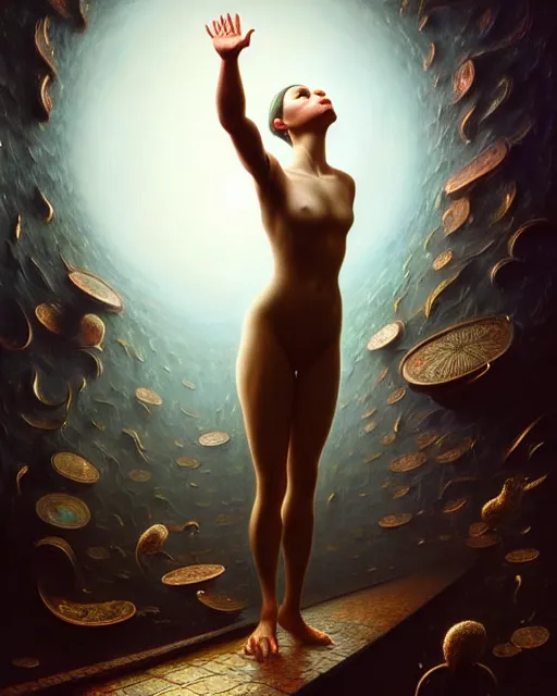 Image similar to a hyper - detailed 3 d render like a oil painting of a person reaching for their ideal self in the magic mirror, surrealism!!!!! surreal concept art, lifelike, photorealistic, digital painting, aesthetic, smooth, sharp focus, artstation hd, by greg rutkowski, bruce pennington, valentina remenar and asher duran,