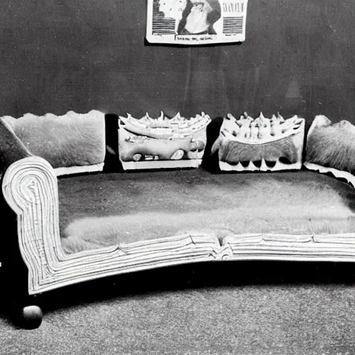 Prompt: 1942 photo shows a disturbing couch made from teeth