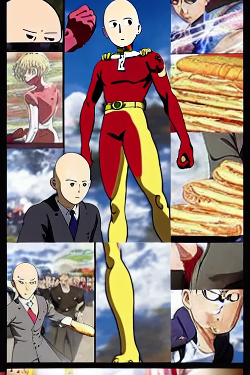 Image similar to baker saitama one punch man, armed with french baguettes