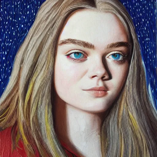 Prompt: professional painting of Elle Fanning in the style of Alan Bean, head and shoulders portrait, symmetrical facial features, smooth, sharp focus, illustration, intricate, stormy weather, extremely detailed masterpiece,