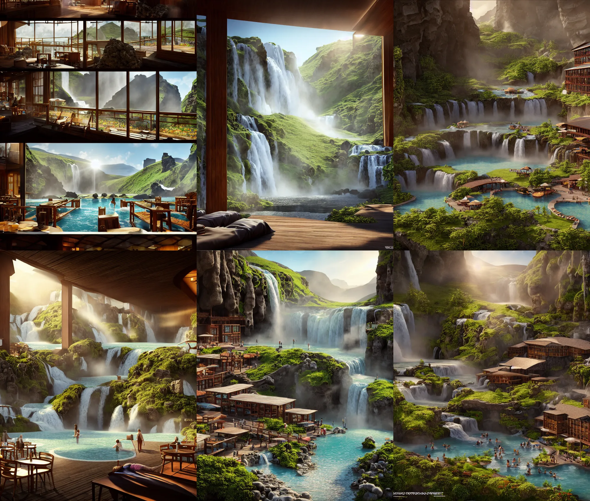 Prompt: establishing wide shot inside resort hotel, beside the combination of iceland hot springs and yangtze river waterfalls, movie still, sunny midday light, soft sunbeam, travel ad, detailed concept art, artstation, realistic, fine details, 4 k, unreal engine, hyperrealism, detailed textures