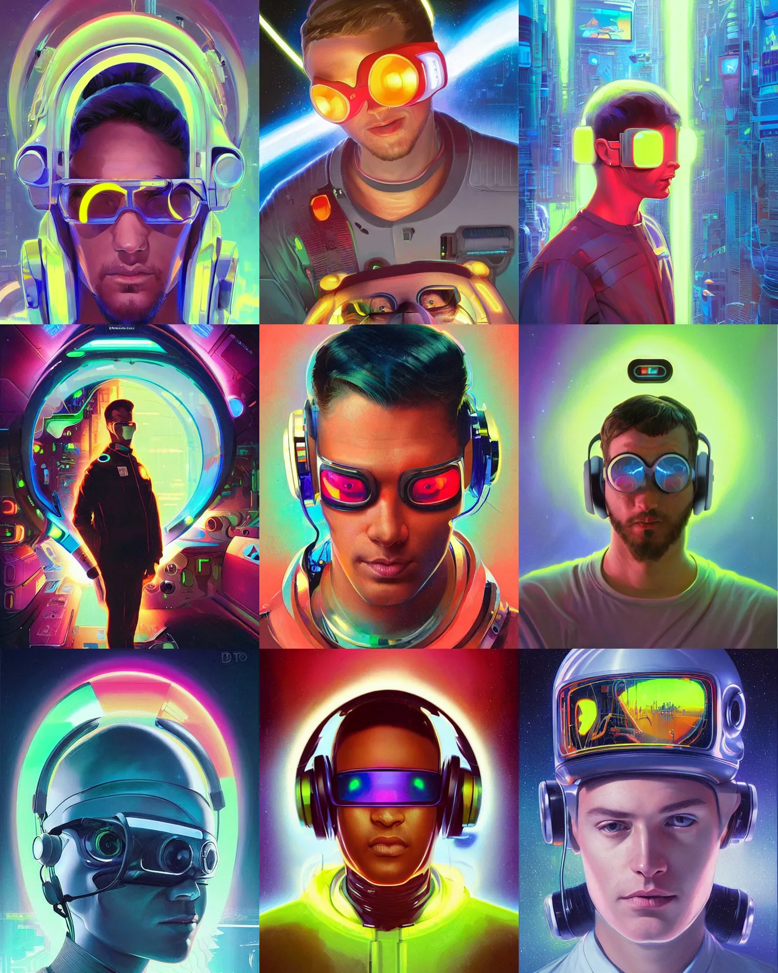 Image similar to future coder man looking on, sleek cyclops display over eyes and sleek bright headphoneset, neon accent lights, holographic colors, desaturated headshot portrait digital painting by dean cornwall, rhads, john berkey, tom whalen, alex grey, alphonse mucha, donoto giancola, astronaut cyberpunk electric