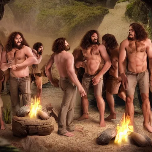 Image similar to cavemen bachelor party at wedding in real life, intricate, highly detailed, detailed, hyper realistic, 4 k, 8 k uhd, realistic, great detail