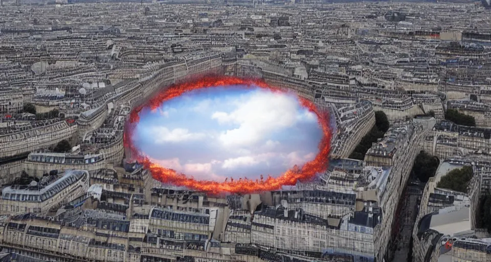 Prompt: portal to hell opening in the sky in paris