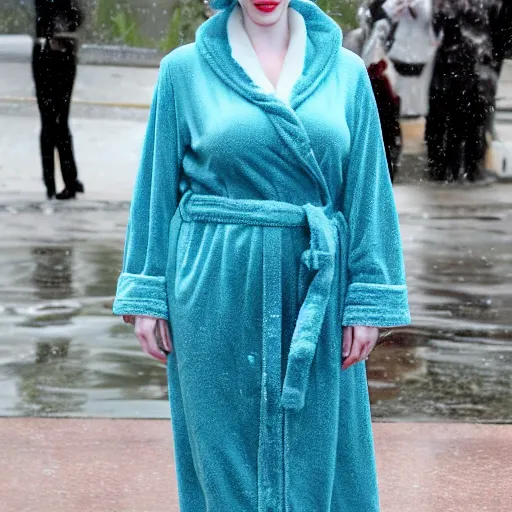 Image similar to Christina Hendricks with bathrobe, realistic, wet,