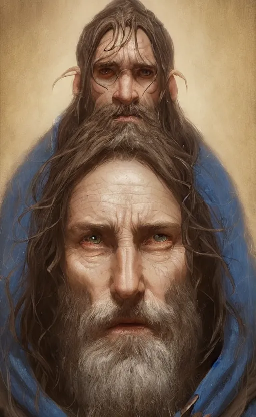 Image similar to portrait of a middle aged elf with a long beard, dressed in a blue cloak, brown grey hair, raised hand, clock iconography, detailed face, fantasy, highly detailed, cinematic lighting, digital art painting by greg rutkowski