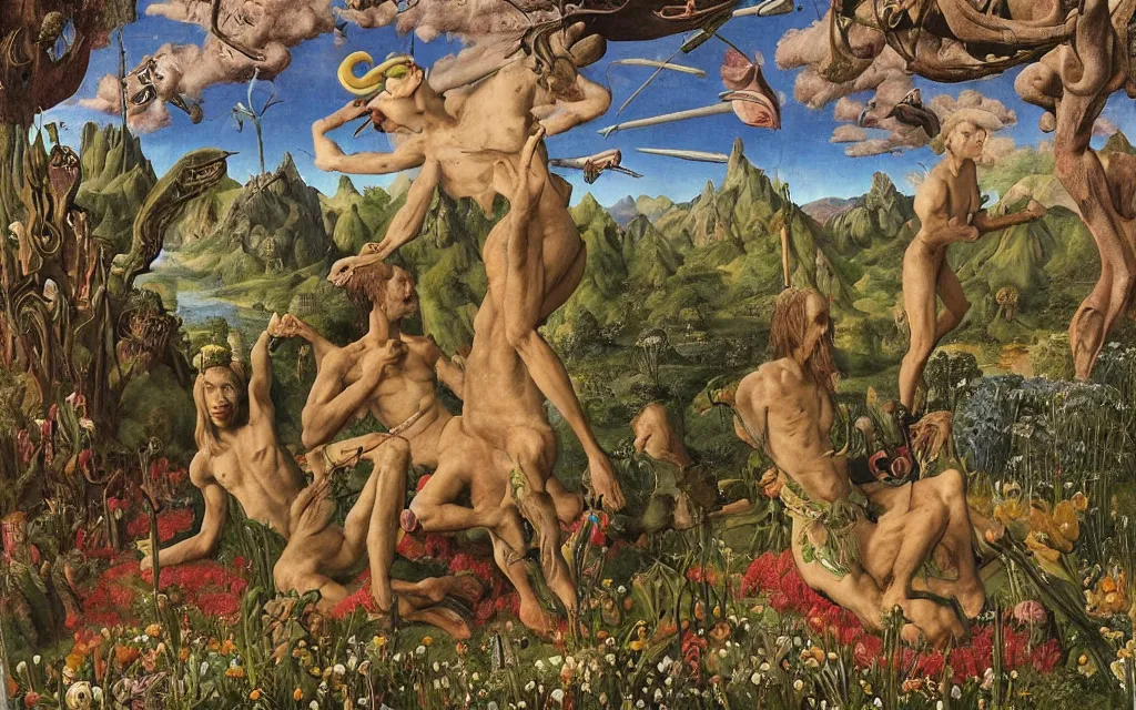 Image similar to a portrait photograph of a meditating satyr and a centaur monk riding a rocket machine and hunting at a river delta. surrounded by bulbous flowers and trees. mountain range under a blue sky of fiery stars. by jan van eyck, max ernst, ernst haeckel, ernst fuchs and artgerm, cgsociety, fashion editorial, 8 k