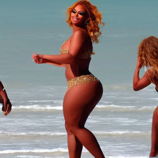 Prompt: curvy Beyonce, dancing on the beach, trying to catch my attention.