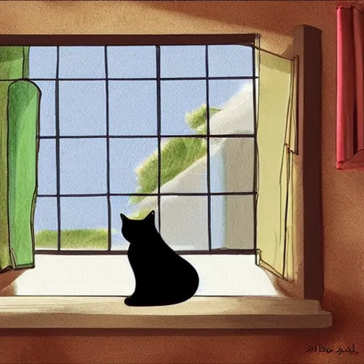 Prompt: cat on window, inside house in village, calm, warm, cozy, digital art, sweet home