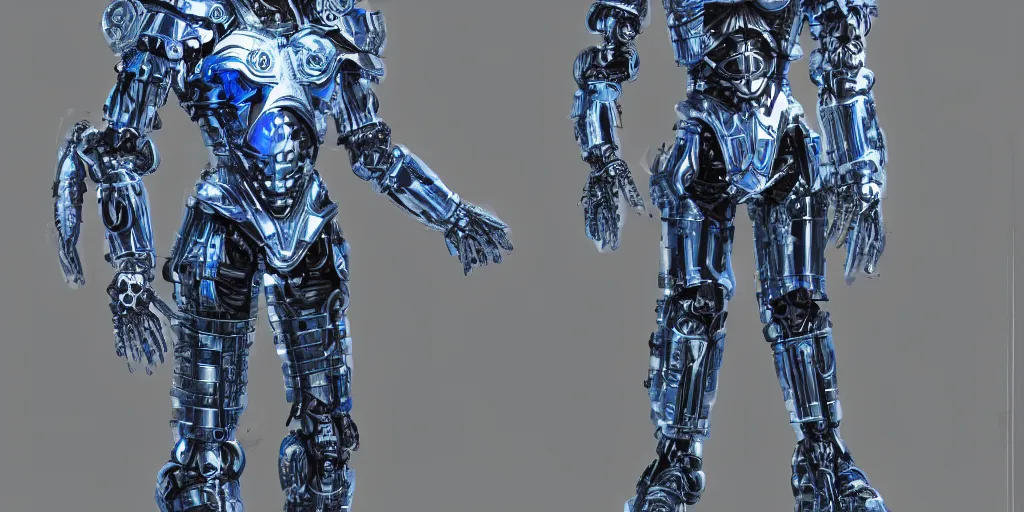 Prompt: a futuristic male humanoid robot, heavily armed, ornate armor, using a schematic blue print as a guide, photo realistic, dark fantasy, 4 k, full body