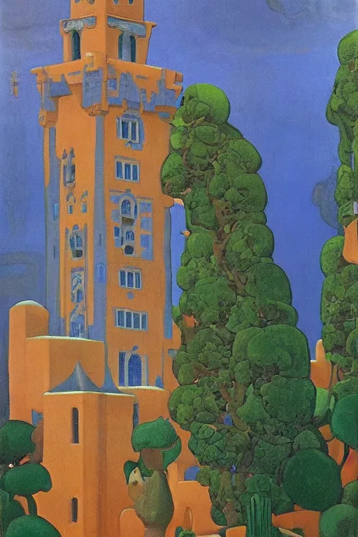 Prompt: view of the mysterious blue tower in its gardens after a storm, tall windows, beautiful moorish ornament, dramatic cinematic lighting, rich colors, by Nicholas Roerich and Sylvain Sarrailh and Ludwig Deutsch and April Gornik