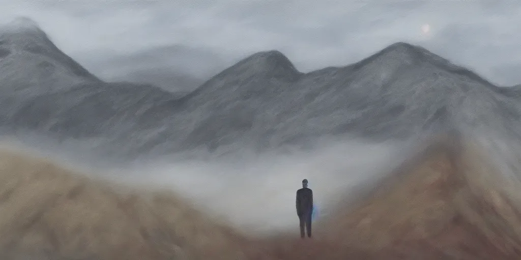 Image similar to jon hale painting of twin peaks, ominous, foggy, lone figure of dale cooper in distance, lonely, visible brush strokes, blurry, hd image