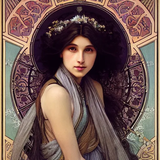 Image similar to photo portrait of a beautiful bewitching female, zeiss lens, detailed, symmetrical, centered, by greg rutkowski and alphonse mucha, edward robert hughes, annie leibovitz and steve mccurry, david lazar, jimmy nelsson, breathtaking, 8 k resolution, extremely detailed, beautiful, establishing shot, artistic, hyperrealistic, beautiful face, octane render