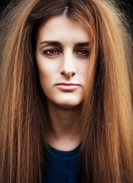 Image similar to realistic beautiful portrait of a beautiful, stylish, 30-year-old French woman, with long, straight hair, street portrait in the style of Martin Schoeller