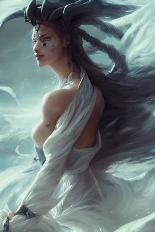 Image similar to half body closeup beautiful girl warrior in white dress, casting magic spell, angel, magic storm and thunder clouds, fantasy, magic the gathering, hyper detailed, 3 d render, hyper realistic detailed portrait, peter mohrbacher