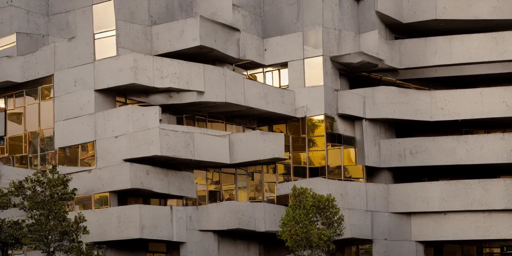 Prompt: wide angle photo of brutalist building made from reflective nickel chrome with copper and gold. twilight. highly reflective and shiny. frank loyde wright