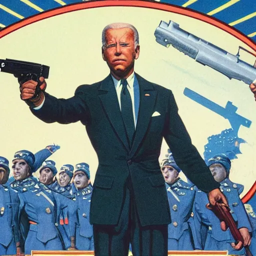 Image similar to propaganda poster of joe biden pointing gun directly at camera in james bond movie, closeup of gun, visible barrel and grip by j. c. leyendecker, bosch, lisa frank, jon mcnaughton, and beksinski