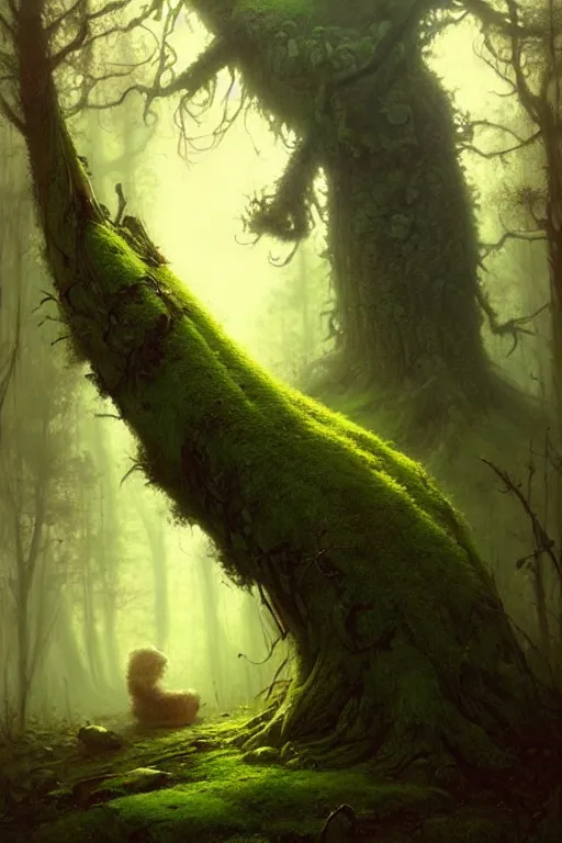 Image similar to great fat tree with a moss moustache in the woods by bayard wu, anna podedworna, gaston bussiere, greg rutkowski