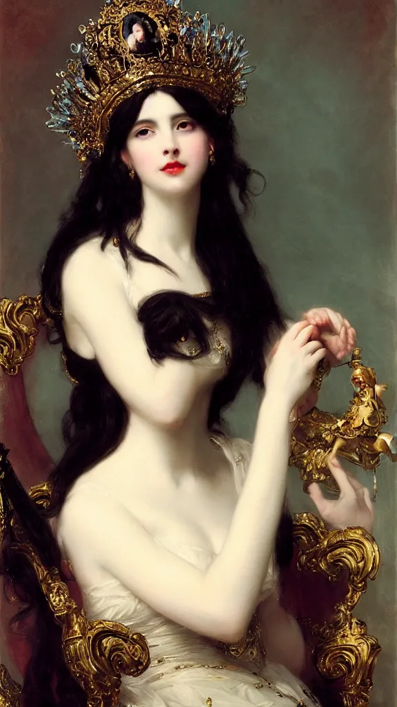 Image similar to a beautiful black haired woman with pale skin and a crown on her head sitted on an intricate metal throne by franz xaver winterhalter and delphin enjolras and rebecca guay