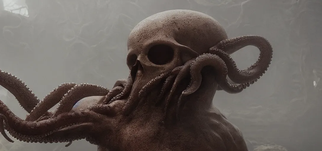 Prompt: an [ octopus ] in the shape of a skull, foggy, cinematic shot, photo still from movie by denis villeneuve, wayne barlowe