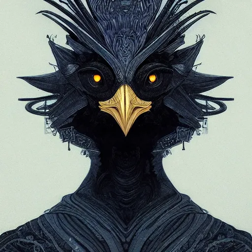Prompt: Portrait of a Black Chicken in space, dark fantasy, intricate, elegant, highly detailed, digital painting, artstation, concept art, smooth, sharp focus, illustration, art by Sam Youn and Fernanda Suarez and Artem Demura and alphonse mucha