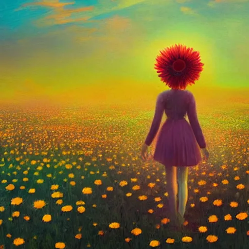 Image similar to giant daisy flower as head, full body girl walking in a flower field, surreal photography, sunrise, dramatic light, impressionist painting, colorful clouds, digital painting, artstation, simon stalenhag
