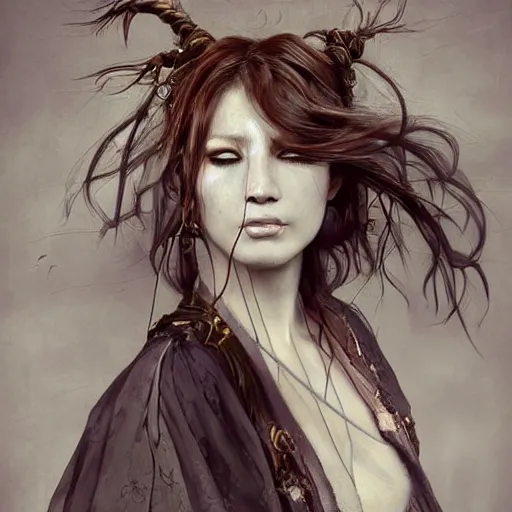 Image similar to portrait of a Shibari rope wrapped face and neck, headshot, insanely nice professional hair style, dramatic hair color, digital painting, of a old 18th century, tourist, witch, amber jewels, baroque, ornate clothing, scifi, realistic, hyper detailed, child, chiaroscuro, concept art, art by Franz Hals and Jon Foster and Ayami Kojima and Amano and Karol Bak,