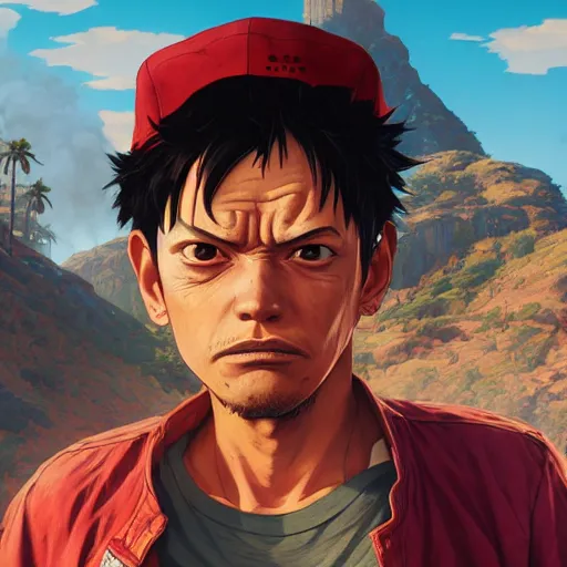 Image similar to highly detailed portrait luffy in gta v, stephen bliss, unreal engine, fantasy art by greg rutkowski, loish, rhads, ferdinand knab, makoto shinkai and lois van baarle, ilya kuvshinov, rossdraws, tom bagshaw, global illumination, radiant light, detailed and intricate environment