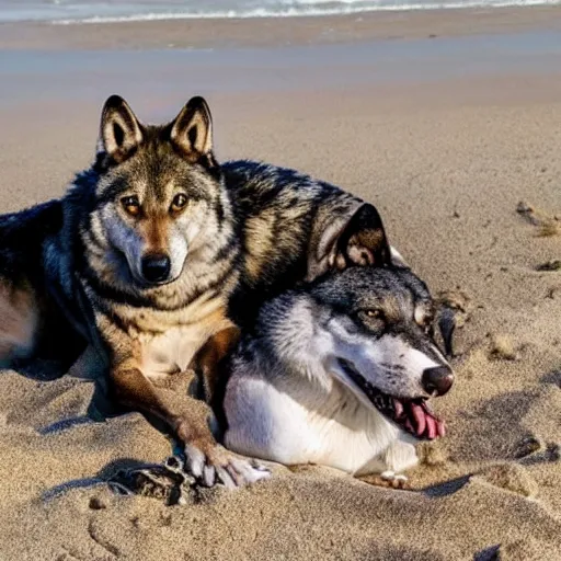 Image similar to professional photo of a shark body and canine wolf head half wolf half shark strange chimera discovered on the beach