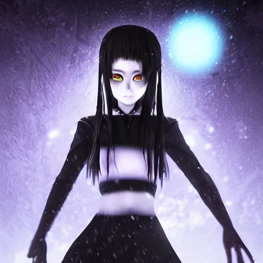 Prompt: photorealistic full body shot of masterpiece angry darkness anime girl, beautifull manga lovely eyes, electric aura with particles, snowing frozen ice, darkness background inspired by tim burton, detailed, unreal engine 4 k, volumetric light, fog