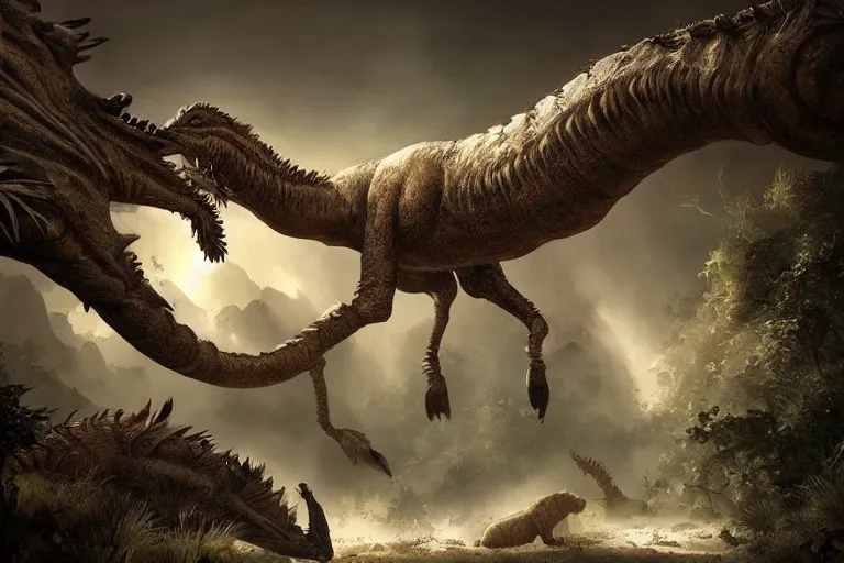 Image similar to the most amazing dream you ever had about cenozoic paleoart, hyper realistic, ambient lighting, concept art, intricate, hyper detailed, smooth, dynamic volumetric lighting, octane, cinematic