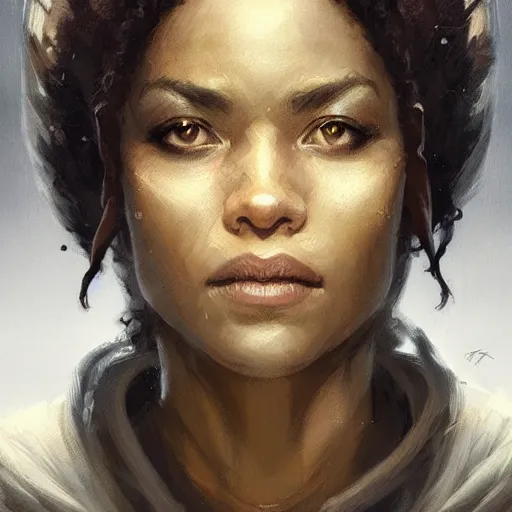 Image similar to portrait of a woman by greg rutkowski, youn jedi knight, black, afro hair, prettt, star wars expanded universe, she is about 2 0 years old, wearing jedi robes, highly detailed portrait, digital painting, artstation, concept art, smooth, sharp foccus ilustration, artstation hq
