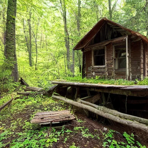 Image similar to delapidated cabin in a forest, near a creek