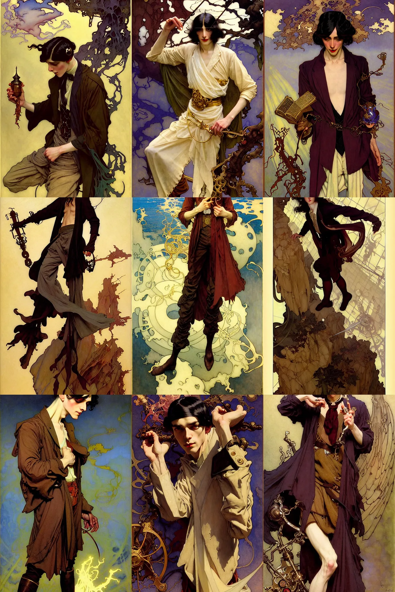 Prompt: thin young male alchemist, long dark hair, 1 9 2 0 s fashion, fantasy, art by joseph leyendecker, peter mohrbacher, ruan jia, finnian macmanus, marc simonetti, donato giancola, dean cornwell, ayami kojima, vasnetsov, cedric peyravernay, alphonse mucha