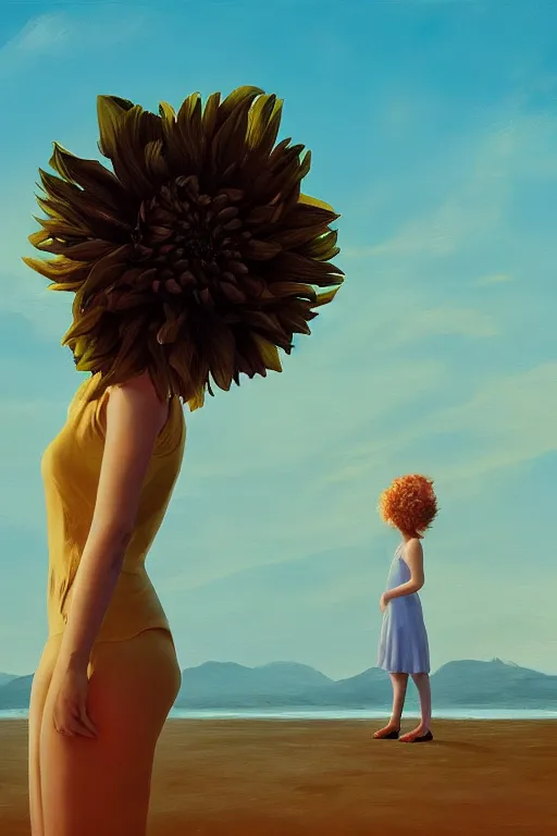 Image similar to closeup giant dahlia flower head, girl standing on beach, surreal photography, blue sky, sunrise, dramatic light, impressionist painting, digital painting, artstation, simon stalenhag