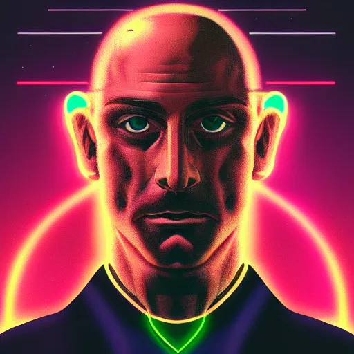 Image similar to portrait of a bald man, synthwave, universe background, symmetrical, artstation