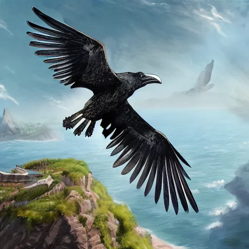 Image similar to a crow flying towards an island, texture, intricate, details, highly detailed, masterpiece, architecture, building, trending on artstation, focus, sharp focus, concept art, digital painting, fantasy, sunny, day, midday