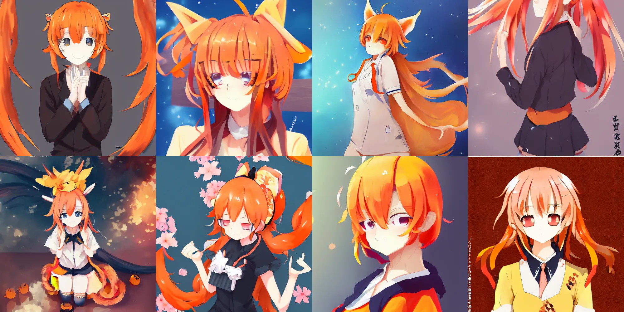 Prompt: Senko-san, kitsune, orange hair, orange tail, anime girl, trending on pixiv, trending on artstation