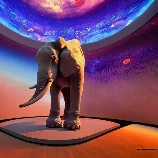 Prompt: a hyperrealistic 3D octane render of an elephant wearing oculus rift VR headset and playing a keyboard inside of a dome planetarium, 8k, unreal engine, dramatic lighting, volumetric lighting, uplighting, ray tracing, photorealistic,