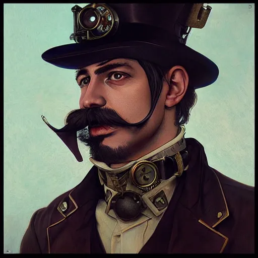 Prompt: Three quarters portrait of a male steampunk character with a moustache, highly detailed, digital painting, art by Stanley Lau and Artgerm and magali villeneuve and Alphonse Mucha, artstation, octane render, cgsociety