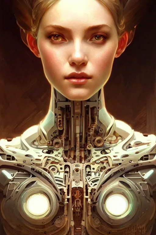 Image similar to beautiful female mechanical android!, half portrait, intricate detailed environment, photorealistic!, intricate, elegant, highly detailed, digital painting, artstation, concept art, smooth, sharp focus, illustration, art by artgerm and greg rutkowski and alphonse mucha