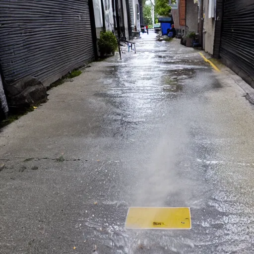 Prompt: A dirty filthy street, being powerwashed, cleaned, photograph