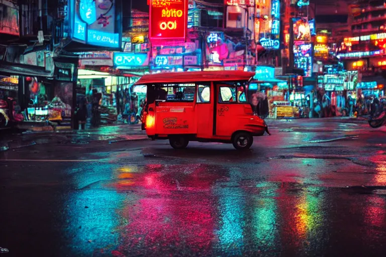 Image similar to a cinematic photograph of a tuk tuk going in a dystopian city street, rain falls, neon advertisement light up the street, ultra realistic, high definition