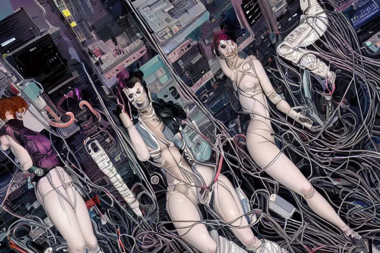 Image similar to a cyberpunk illustration of a group of female androids in style of hajime sorayama, lying on an abstract, empty, white floor with their body parts scattered around and cables and wires coming out, by katsuhiro otomo and masamune shirow, hyper-detailed, intricate, colorful, view from above, wide angle, close up, beautiful