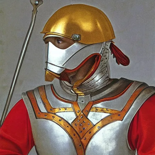 Image similar to a knight wearing silver armor and helmet, red white and gold color scheme, baroque, by Michelangelo, high detail