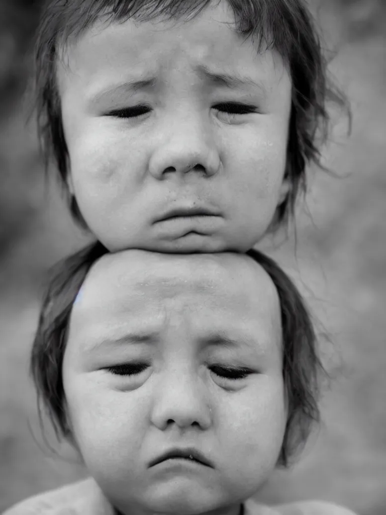 Image similar to High resolution black and white portrait with a 35mm F/5.0 lens of a single child, single head, from Soviet Russia with eyes closed with a sorrowful face about to cry.