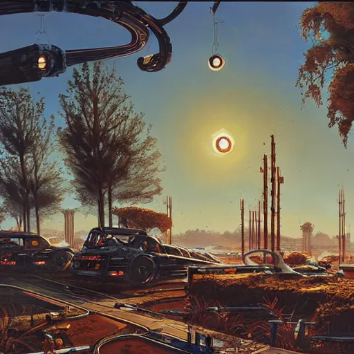 Image similar to painting of syd mead artlilery scifi tech with ornate metal work lands in country landscape, filigree ornaments, volumetric lights, simon stalenhag