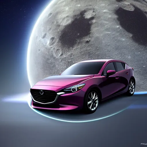 Image similar to A Mazda 3 hatchback as an alien spaceship flying over the Moon, 4K, High Detail,