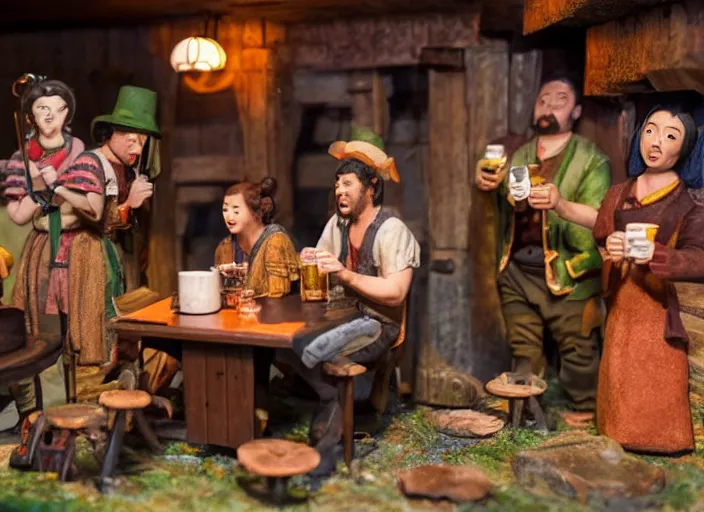 Image similar to group of travelers drinking beer & singing in a tavern as tiny miniatures diorama, directed by Nobuhiko Obayashi