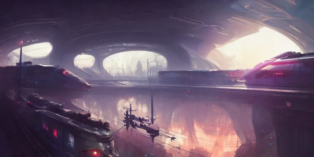 Image similar to a futuristic train goes across futuristic paris in 2 0 7 7, extremely detailed digital painting, in the style of fenghua zhong and ruan jia and jeremy lipking and peter mohrbacher, mystical colors, rim light, beautiful lighting, 8 k, stunning scene, raytracing, octane, trending on artstation